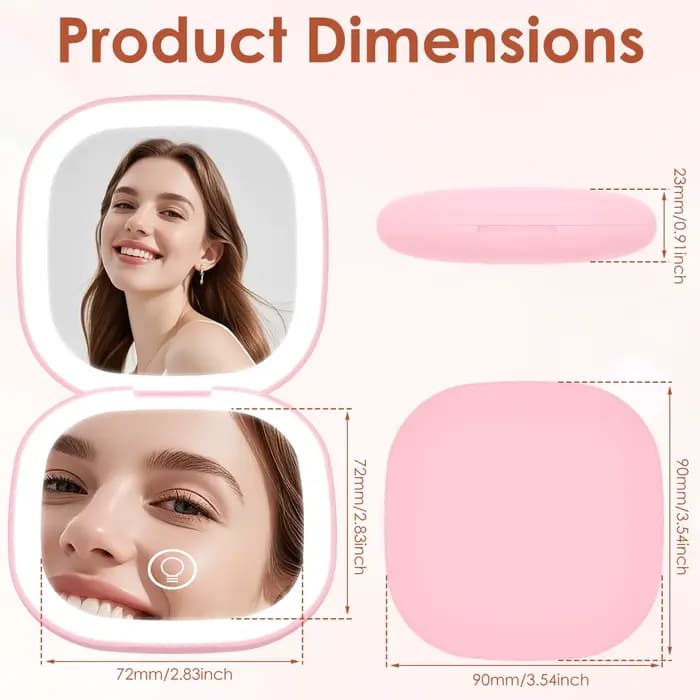 Miroir de maquillage compact LED 90 mm, à intensité variable, double face, grossissement 1X/10X, miroir de poche avec lumière, rechargeable par USB, 3 modes d'éclairage pour