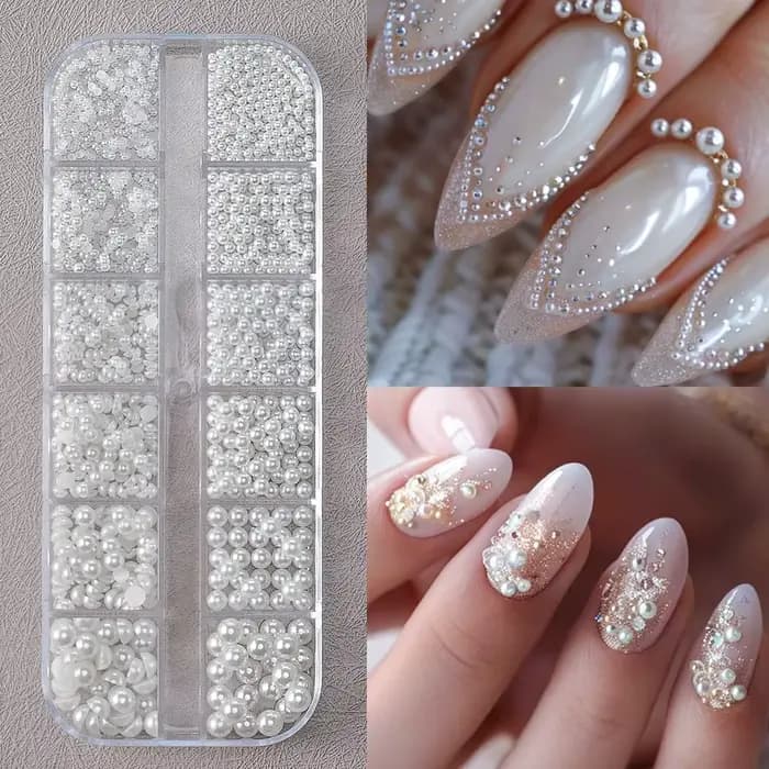 12 grilles 3D perles blanches mélangées breloques pour ongles 0.15-0.5mm perles rondes/demi-cercle N