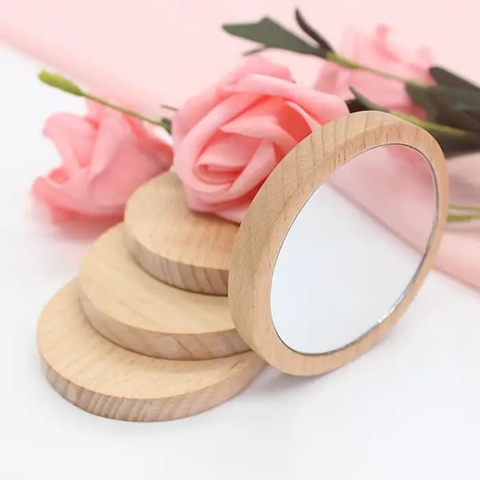Mini Miroir de Maquillage Rond en Bois