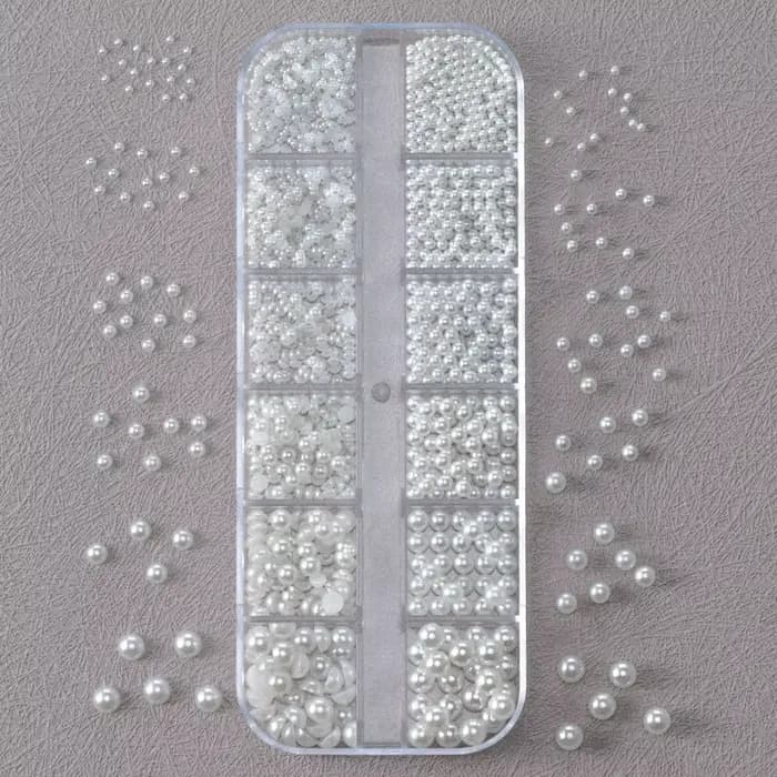 12 grilles 3D perles blanches mélangées breloques pour ongles 0.15-0.5mm perles rondes/demi-cercle N