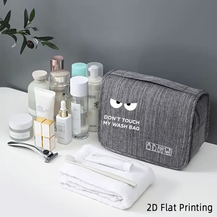 Sac de toilette suspendu multi-compartiments grande capacité avec motif 'Eyes DON'T TOUCH MY WASH BAG' et design à crochet