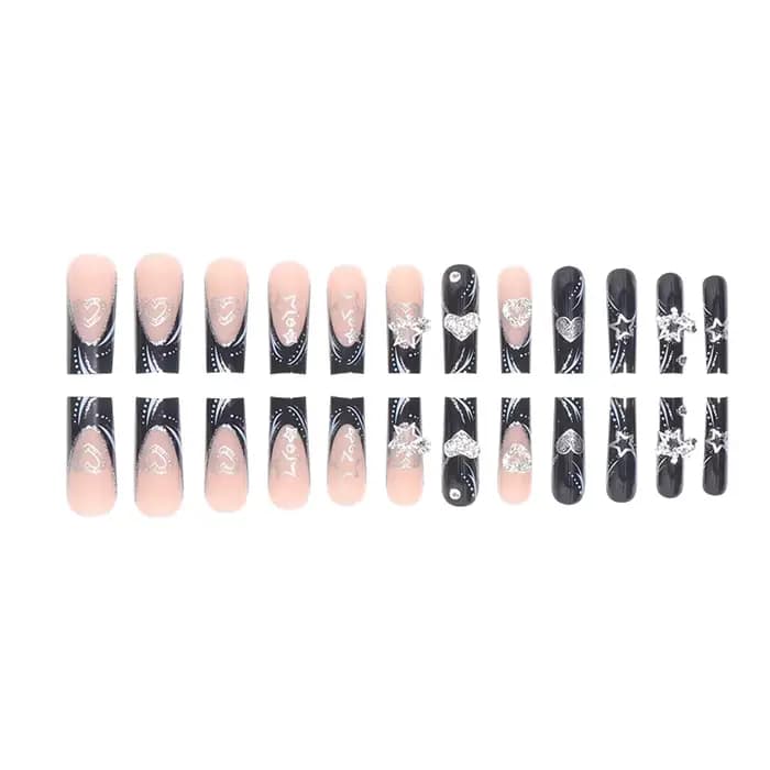 24 pièces/1 boîte noir français portant un Patch pour ongles doux et frais paillettes étoiles d'amou
