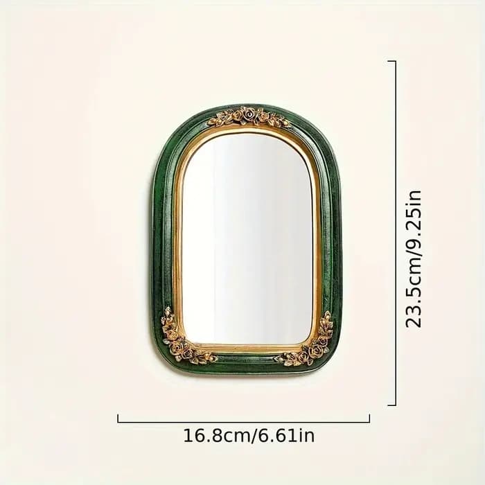 Miroir de Maquillage Vintage en Résine Vert Sculpté, Style Luxe Léger Européen, Accessoire Photo pou