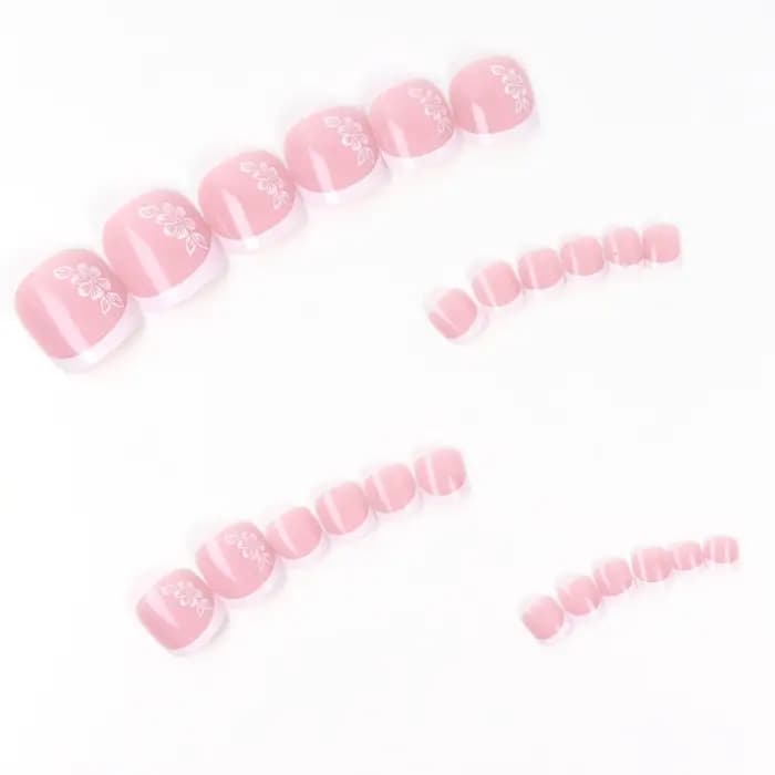 Faux ongles roses avec couverture complète de colle acrylique brillante, bâtons artificiels à fleurs