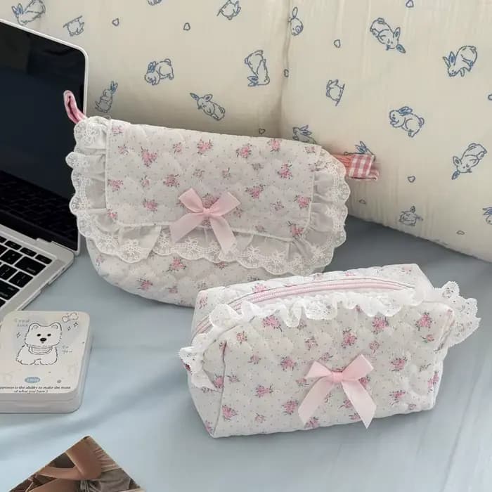 Petite trousse de maquillage en dentelle à fleurs roses pour femmes