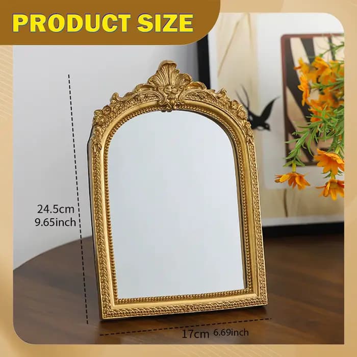 Miroir de maquillage arqué élégant avec cadre en résine dorée