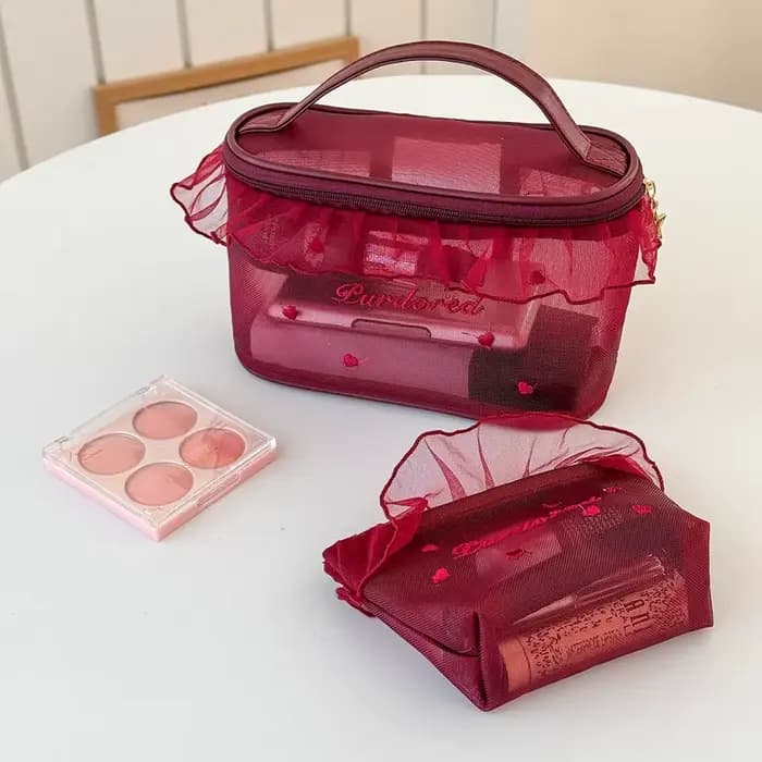 Sac de maquillage portable imperméable en dentelle brodée rose style Y2K pour l'été et la plage