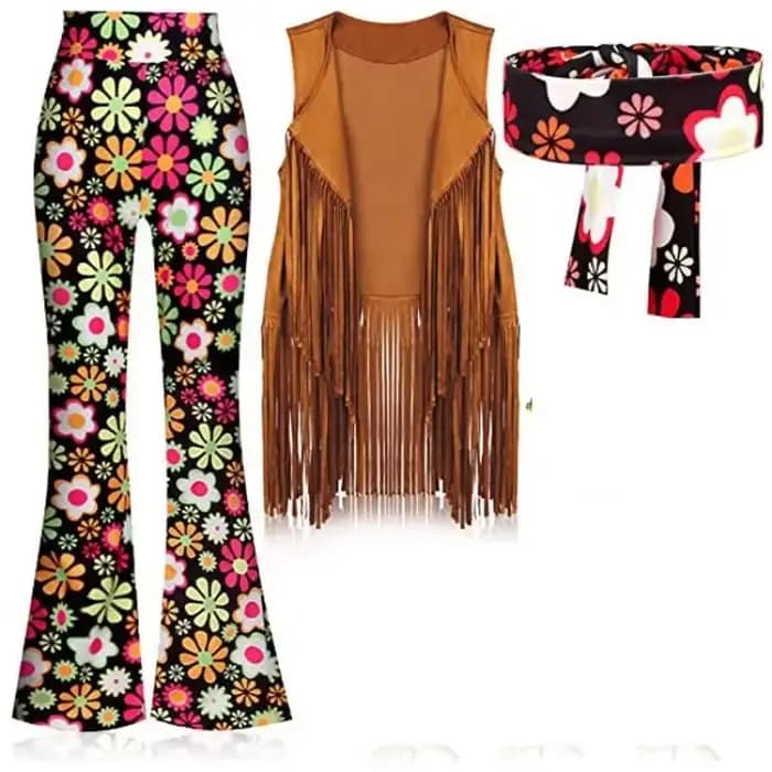 Tenues Hippie Disco des années 60 et 70 pour femmes, ensemble d'accessoires de Costume d'halloween Vintage, pantalon évasé Boho, gilet à franges, signe de paix