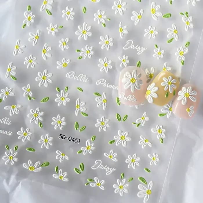 2 pièces 5D blanc marguerite Design Nail Art autocollants en relief marguerite fleur feuille verte N