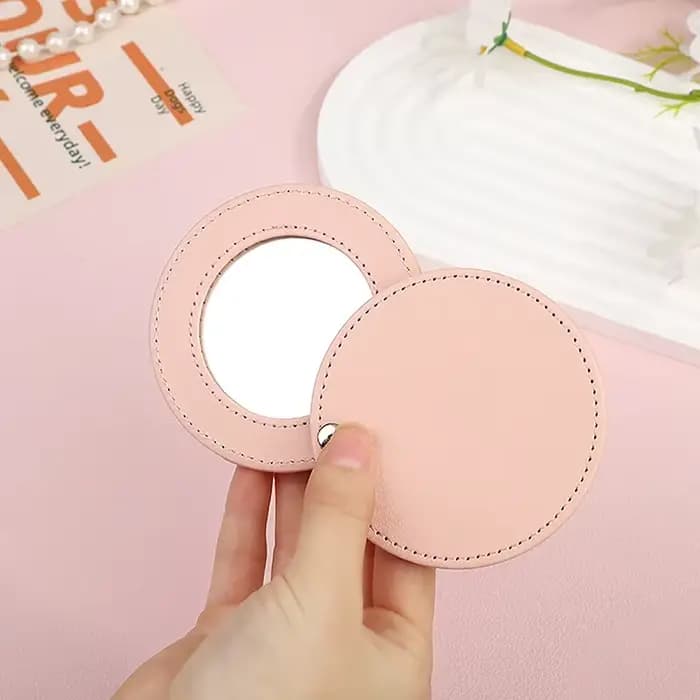 Mini miroir Compact Portable incassable en acier inoxydable avec manchon en cuir PU pour sac à main