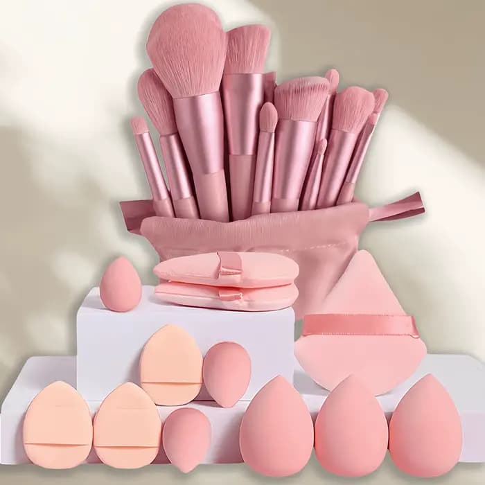 Ensemble de 25 pinceaux et éponges de maquillage professionnels - 13 pinceaux + 12 éponges hydrophil