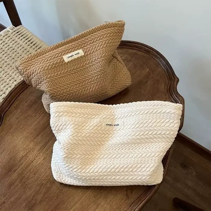 Trousse de maquillage en tissu tissé pour femmes, couleur unie, petit organisateur, pochette à cosmétiques, sac de rangement de toilette à fermeture éclair de grande capacité