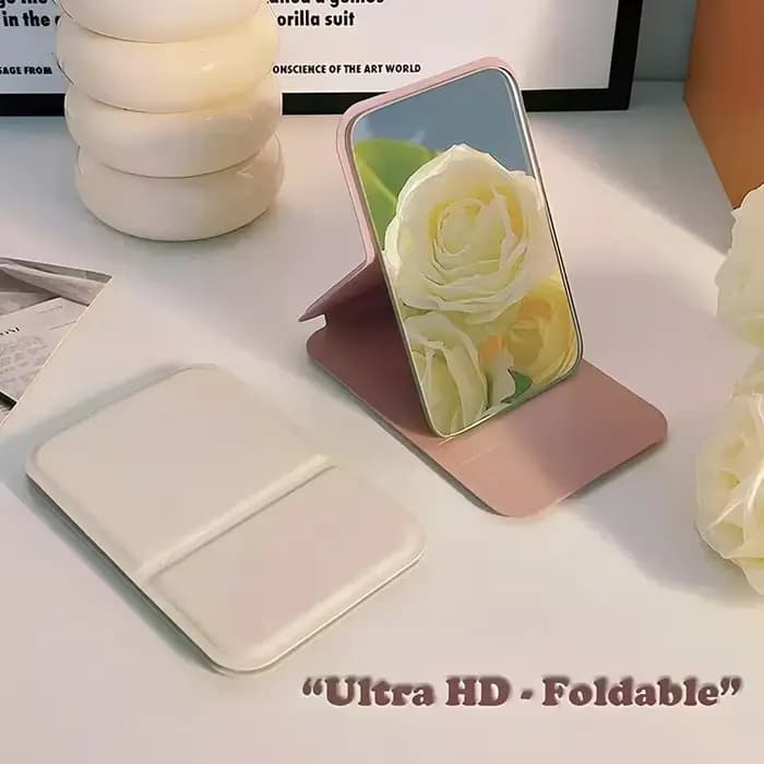 Miroir de maquillage pliable en cuir PU de couleur unie