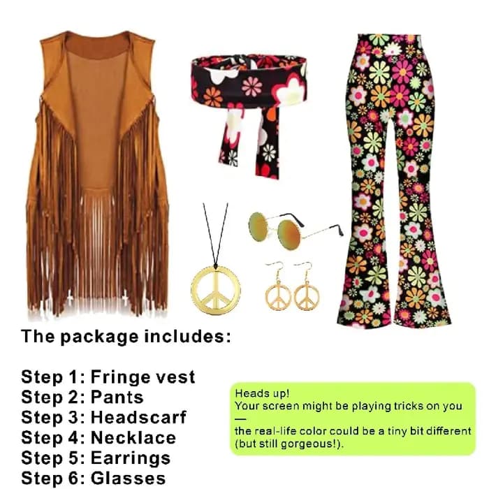 Tenues Hippie Disco des années 60 et 70 pour femmes, ensemble d'accessoires de Costume d'halloween Vintage, pantalon évasé Boho, gilet à franges, signe de paix