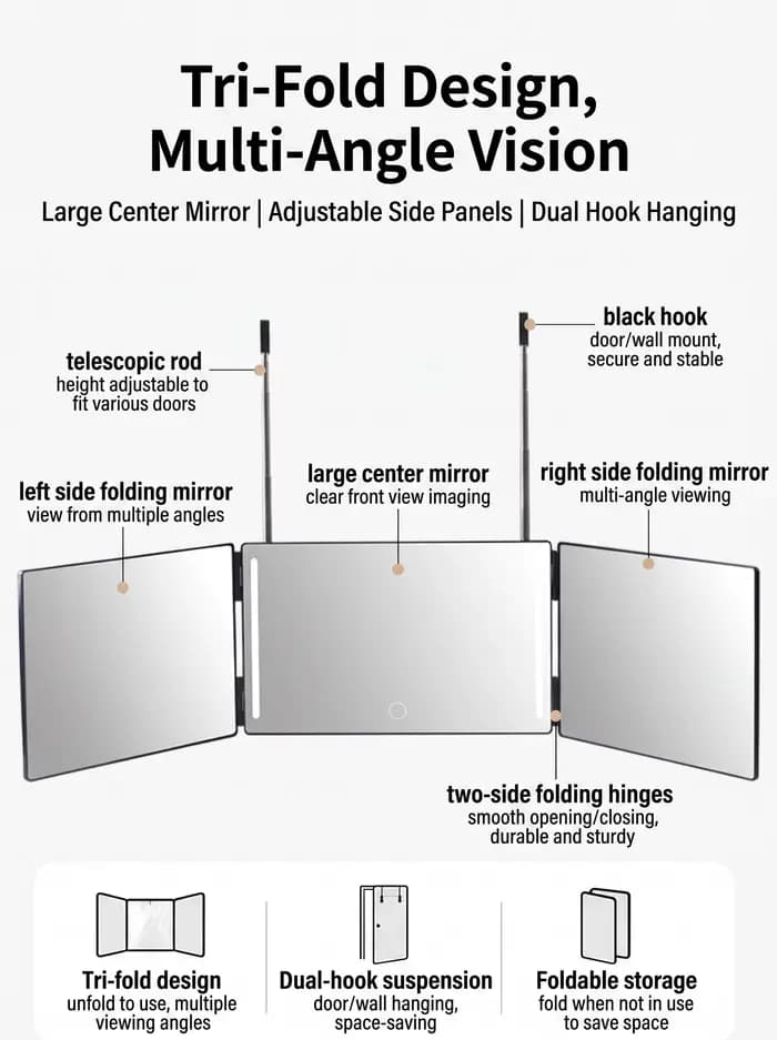 Miroir de coiffure pliable à 3 faces INS, rétractable, à suspendre au mur, pour la vue arrière, outil de coiffure DIY pour salon et usage domestique