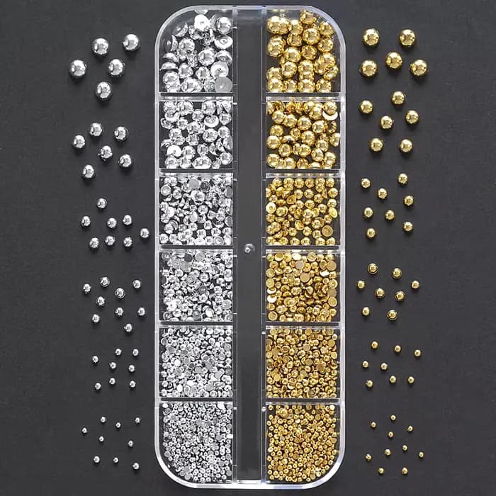 1 boîte de strass demi-ronds à dos plat pour ongles, multi-tailles, perles métalliques or et argent,