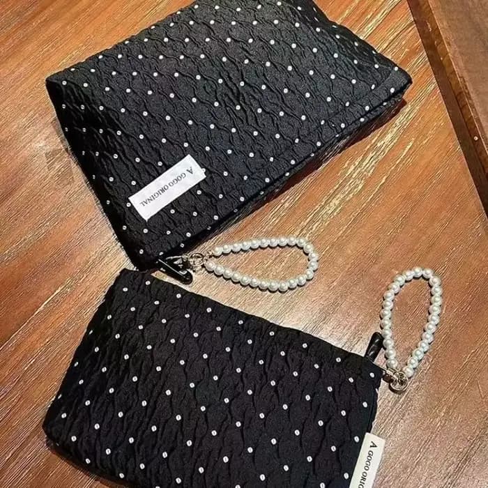 Trousse de maquillage à pois avec fermeture éclair en perles