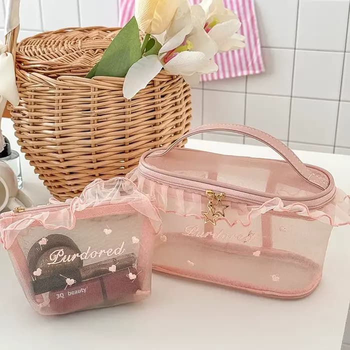 Sac de maquillage portable imperméable en dentelle brodée rose style Y2K pour l'été et la plage