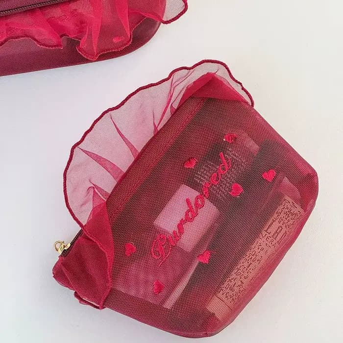 Sac de maquillage portable imperméable en dentelle brodée rose style Y2K pour l'été et la plage