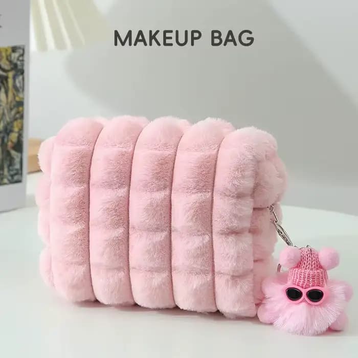 1 sac à maquillage simple et élégant avec pendentif pompon - Sac à maquillage rose doux au toucher,