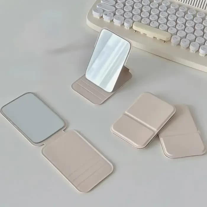 Miroir de maquillage de bureau en cuir PU couleur unie, simple, portable, pliable, compact, mignon, pour étudiants, miroir de poche