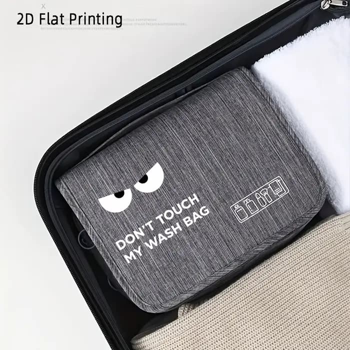 Sac de toilette suspendu multi-compartiments grande capacité avec motif 'Eyes DON'T TOUCH MY WASH BAG' et design à crochet