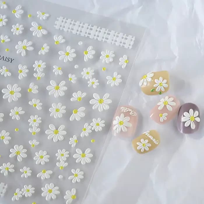 2 pièces 5D blanc marguerite Design Nail Art autocollants en relief marguerite fleur feuille verte N