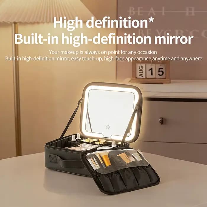Trousse de maquillage portable grande capacité avec lumière LED et miroir, boîte de beauté professio