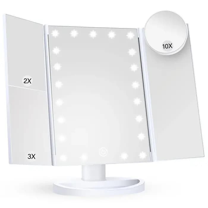 Miroir de courtoisie éclairé Triple pli 22 lumières LED écran tactile