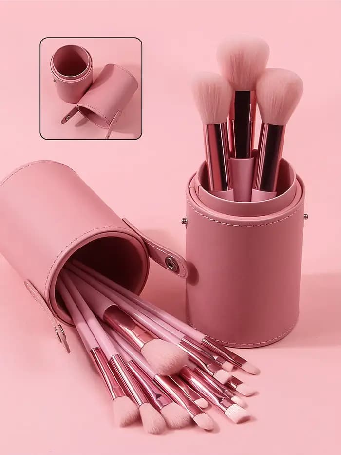 Ensemble de 15 pinceaux de maquillage roses avec baril de rangement
