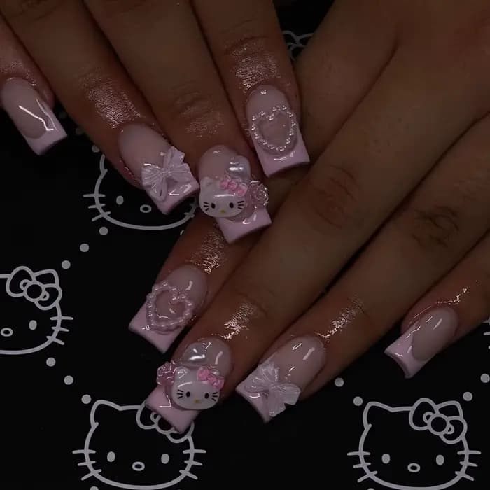 24 ongles carrés moyens rose français mignon dessin animé chat blanc amour camélia Patch