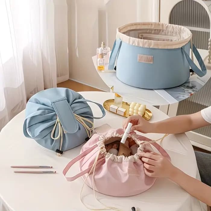 Sac de rangement cylindrique de grande capacité pour articles de toilette (avec fermeture à cordon) — Sac