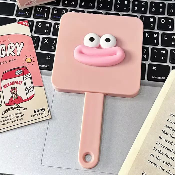 Miroir de maquillage de bouche de saucisse portable avec peigne, poignée quadrate de dessin animé, o