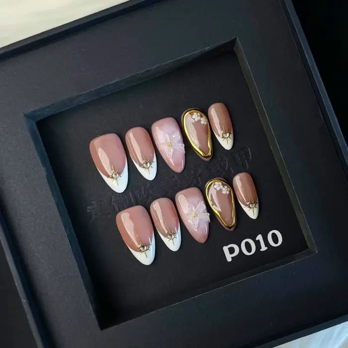 10 pièces à la main français presse sur ongles bord blanc conception amande faux ongles réutilisable