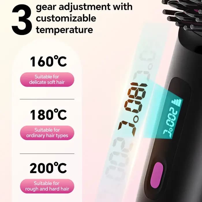 Brosse lissante sans fil rechargeable, peigne lissant à ions négatifs avec 3 réglages de température