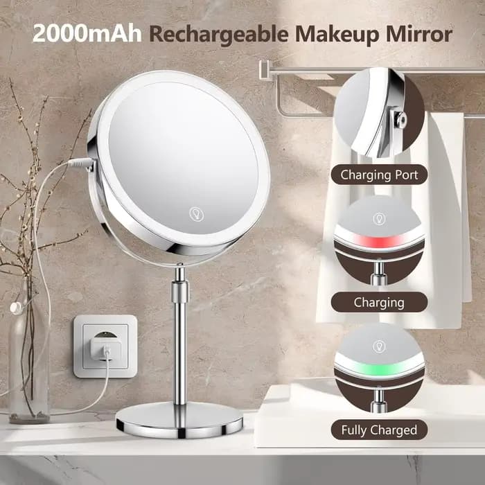 Miroir de maquillage de 8 pouces avec lampe lumineuse grossissement 10X 3 lumières de couleur