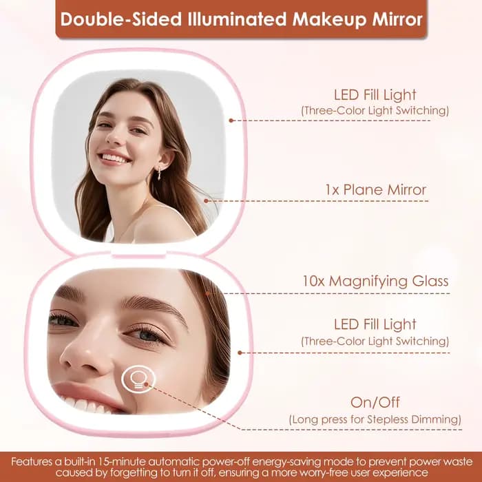 Miroir de maquillage compact LED 90 mm, à intensité variable, double face, grossissement 1X/10X, miroir de poche avec lumière, rechargeable par USB, 3 modes d'éclairage pour