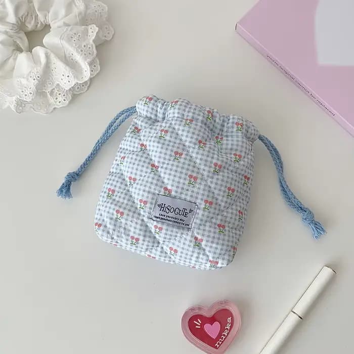 Sac de maquillage matelassé en coton avec cordon de serrage, sac de toilette de voyage esthétique et