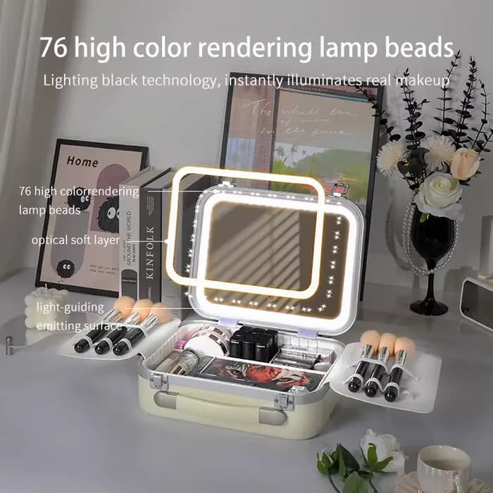 Boîte de rangement de maquillage portable avec lumière LED et miroir – Étui de train cosmétique adap