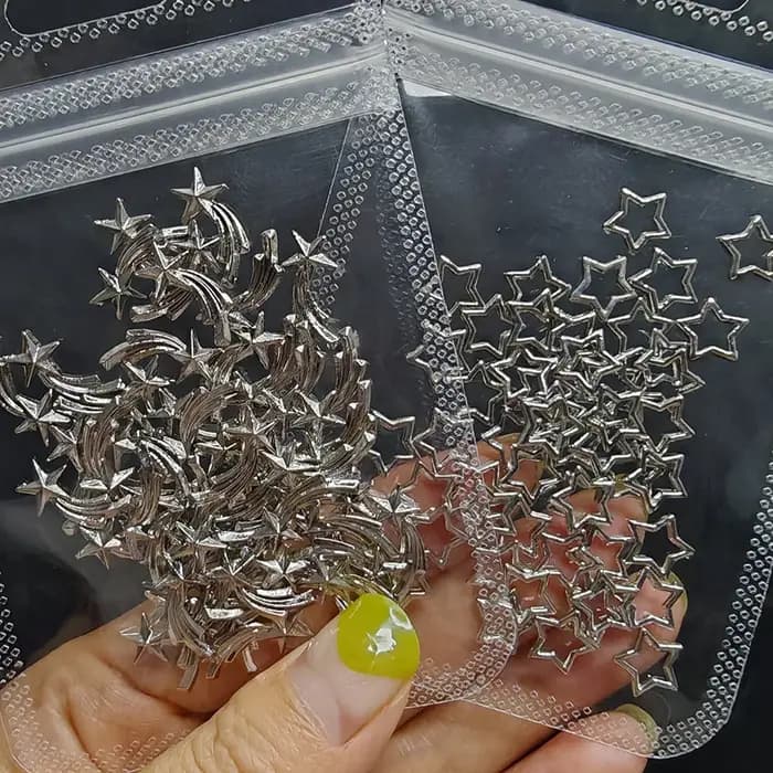 Breloques étoiles argentées pour ongles, bijoux métalliques 3D, gemmes météores évidées, décorations