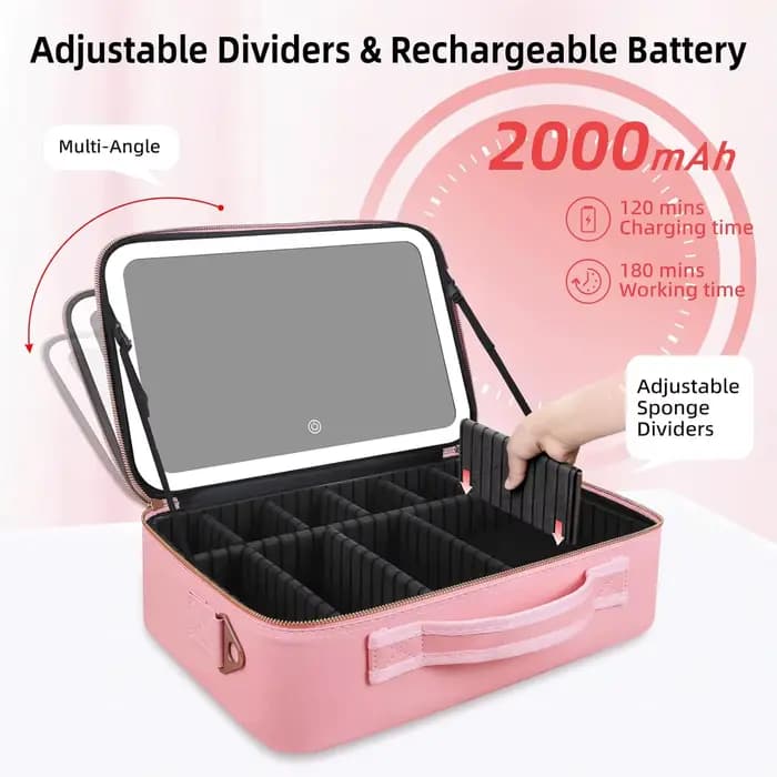 Trousse de maquillage grande capacité 15''x11'' avec miroir LED 3 couleurs