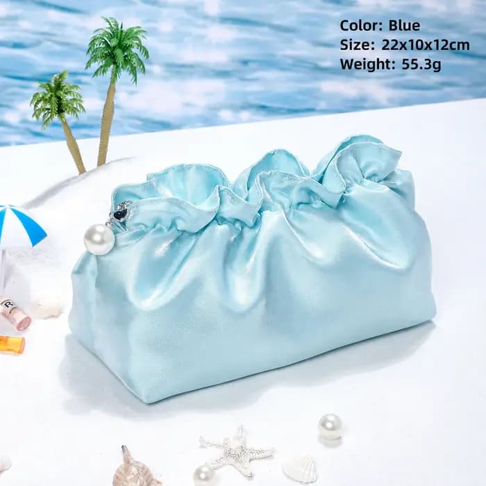 Trousse de Toilette de Voyage pour Femme Grande Capacité en Soie Satinée, Pochette Cosmétique Plissée Effet Nuage, Sac de Maquillage Portable, Pochette de Rangement pour Soins de la Peau