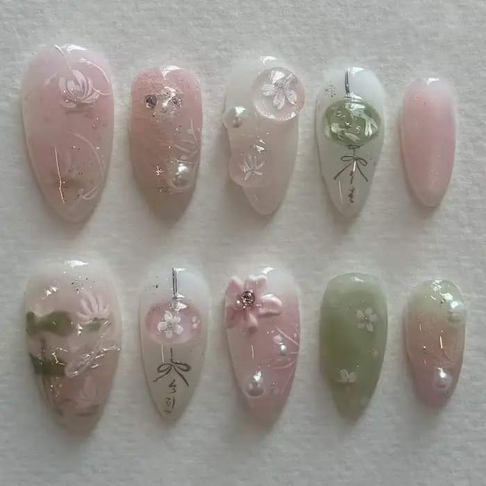 24 pièces douce amande faux ongles conseils peint à la main fleur perle motif Blush rose presse sur