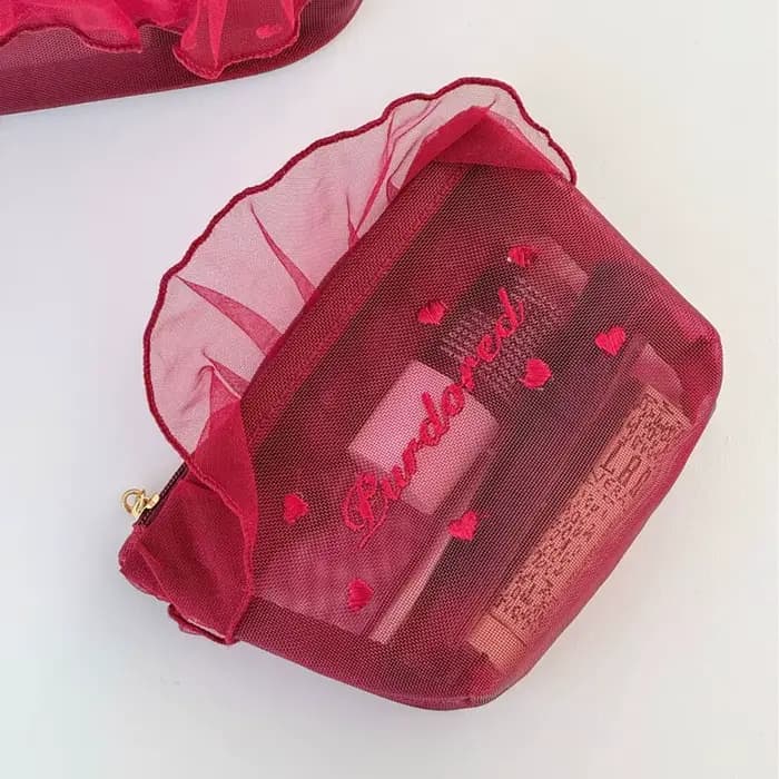 Sac de maquillage portable imperméable en dentelle brodée rose style Y2K pour l'été et la plage