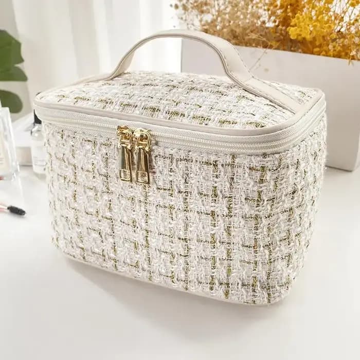 Nouveau Sac à Maquillage Femme 2025 – Style Tricoté, Portable et Tendance, Grande Capacité de Rangement