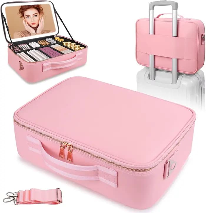 Trousse de maquillage grande capacité 15''x11'' avec miroir LED 3 couleurs