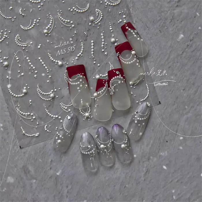 Autocollants pour ongles, 1 pièce, blanc, perle, dentelle, vague, lignes, nail art, élégant, exquis,