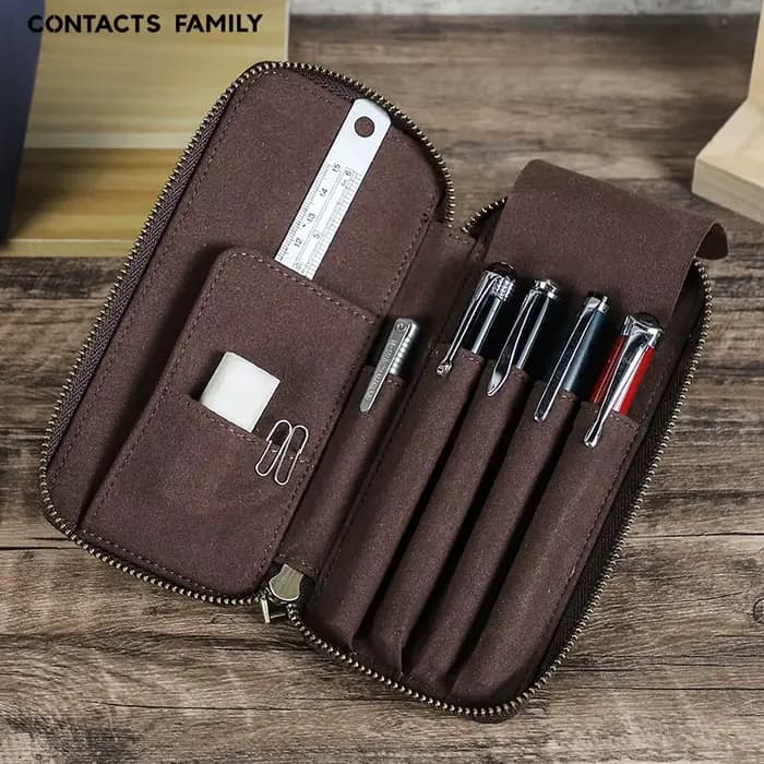 Trousse à crayons en cuir véritable avec 4 fentes