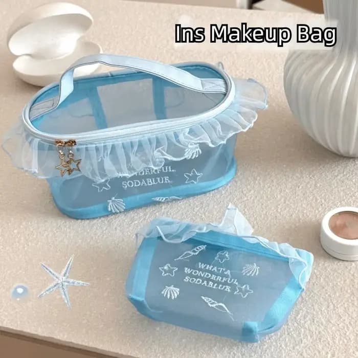 Trousse de Maquillage en Tissu Oxford Bleu Brodé avec Bord Volanté