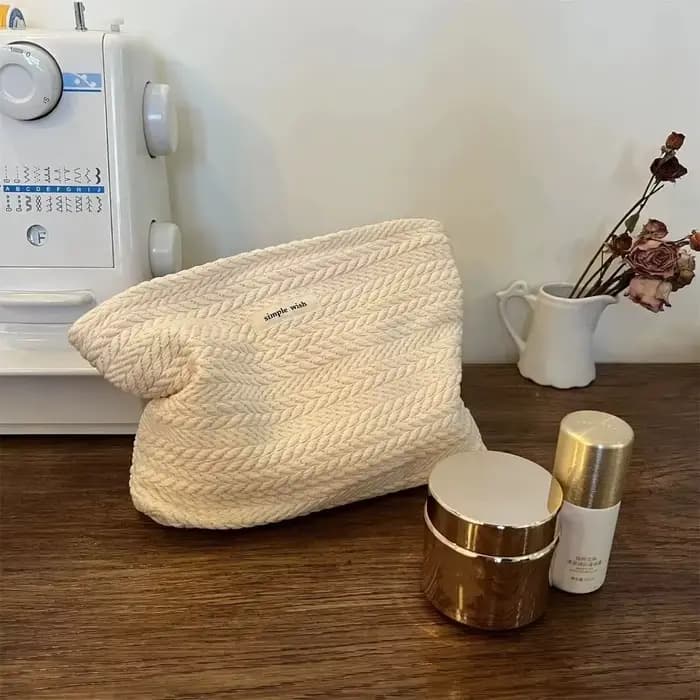 Trousse de maquillage en tissu tissé pour femmes, couleur unie, petit organisateur, pochette à cosmétiques, sac de rangement de toilette à fermeture éclair de grande capacité
